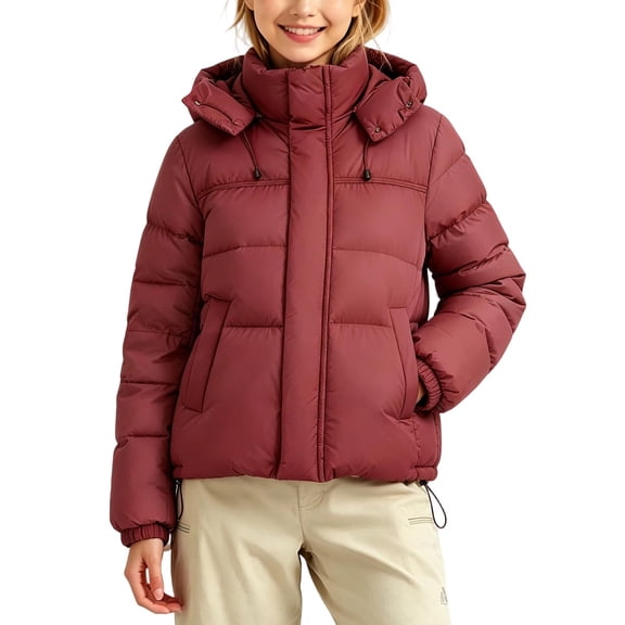 Owordtank Girls Detachable Hood Puffer Jacket Zip Up Warm Insulated Short Winter Coat Outerwear