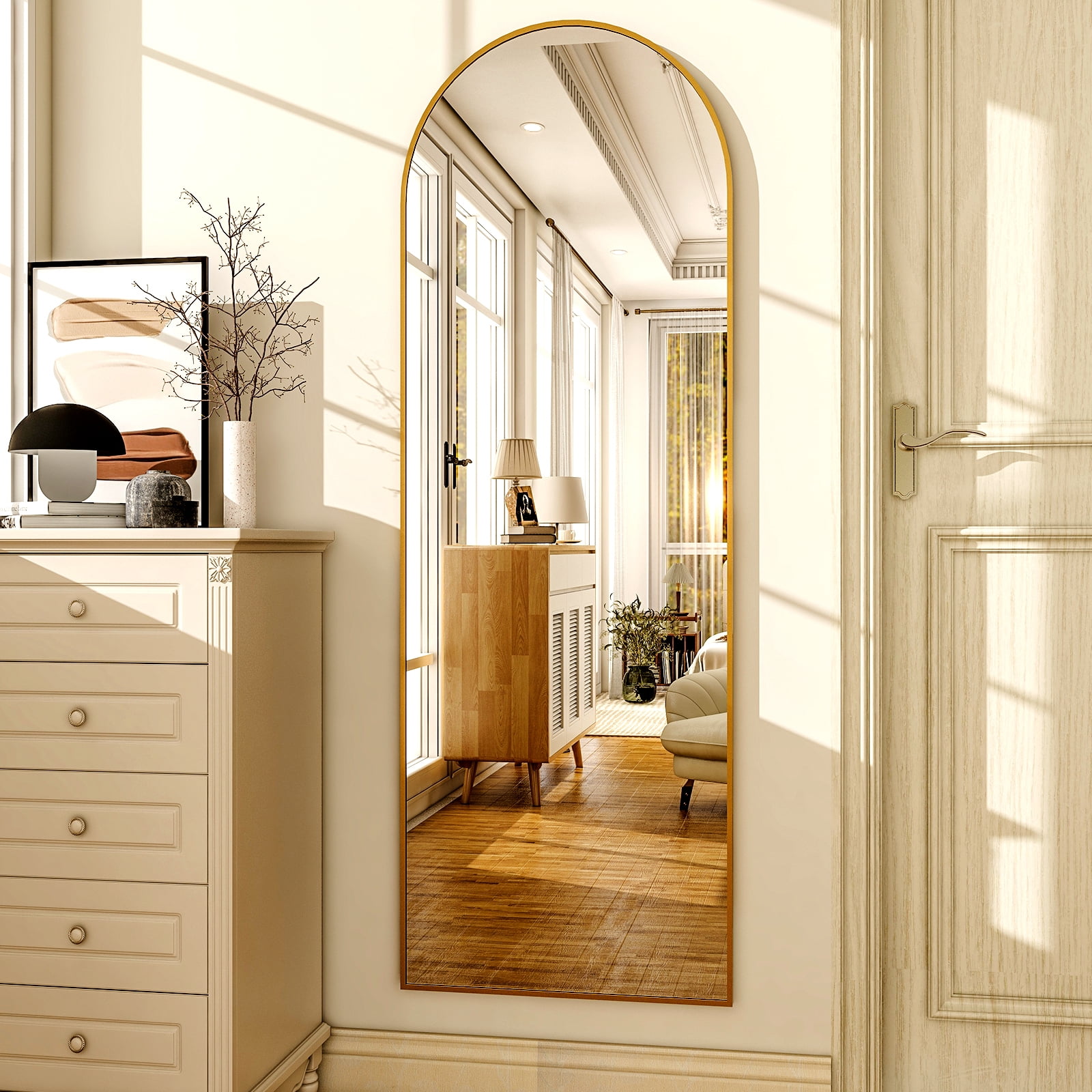 AUROMIR 16"x59" Arched Full Length Mirror Full Body Free Standing Floor Mirror, Gold