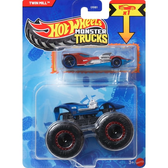 Hot Wheels Monster Truck & Car, 1:64 Scale Die-Cast Truck & Car (2 Vehicles) (Styles May Vary)