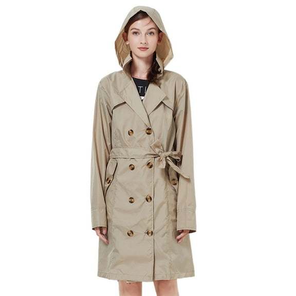 Women's Stylish Slim Fit Belted Trench Coat Windproof Outdoor Travel Jacket With Hood For All Seasons Casual Walking Coat