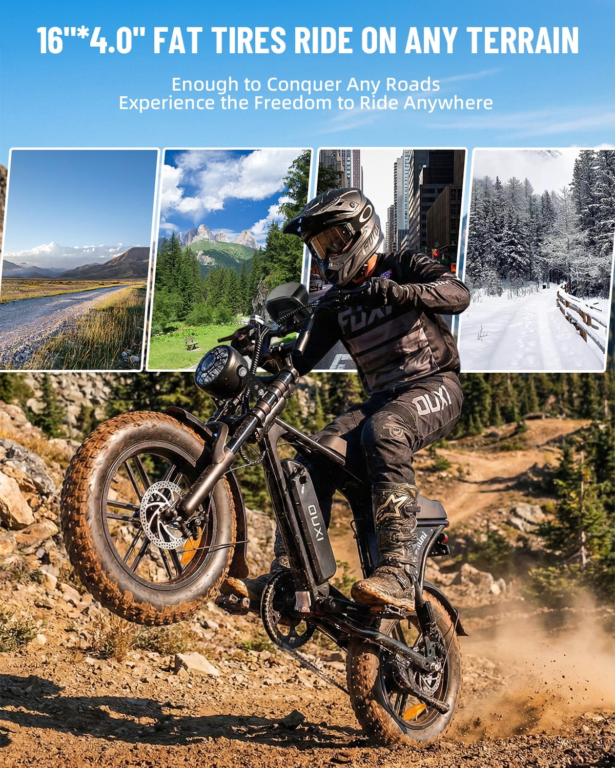 OUXI V8 MINI Electric Bike for Adults, 500W Peak E-Bike with 16" Fat Tires, Removable Battery Options 10.4Ah 7-Speed Electric Bicycle with Dual Disc Brakes