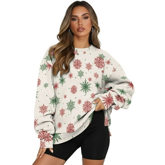 HELLHERO Christmas Snowflake Print Women Pullover Sweater Long Sleeve Crewneck Pullover Sweatshirt Comfy Fall Winter Outfits Clothes Size M