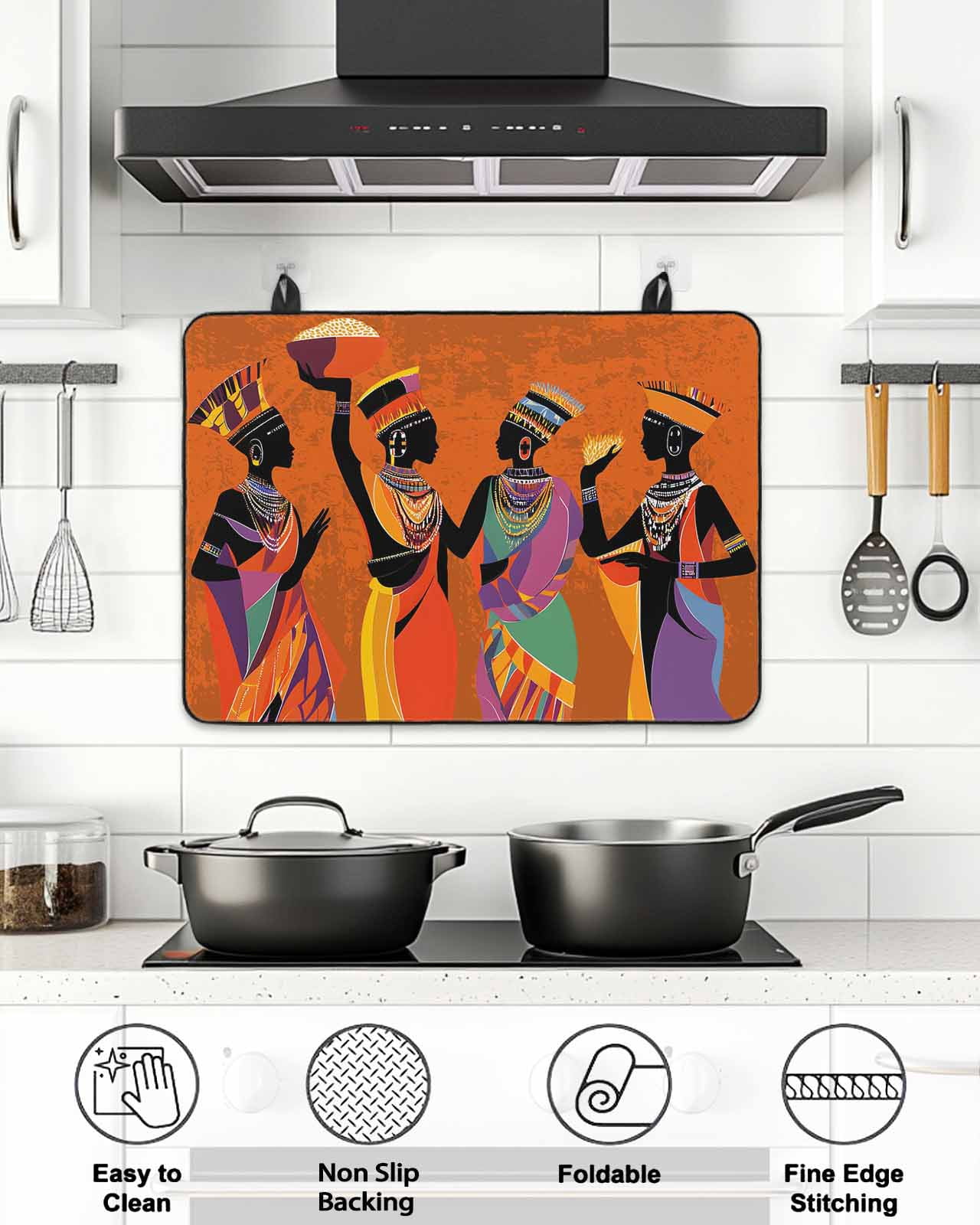 Stove Top Covers for Electric Stove, Black Orange Girls Boho Glass Stovetop Cover Protector, Retro Ethnic Abstract Art Induction Cooktop Protector Oven Mat for Kitchen Countertop 24"x21"