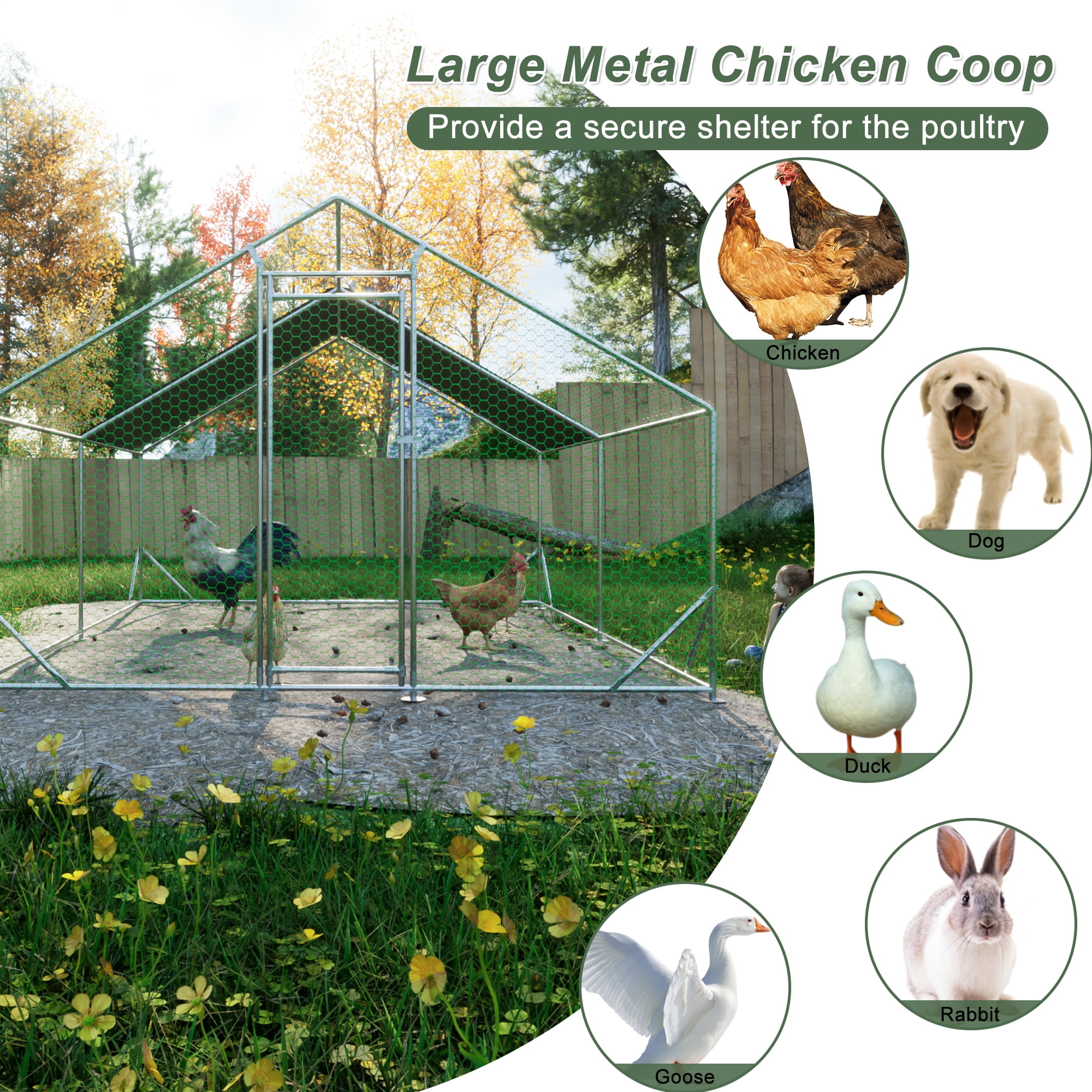 MAYEERTY 10'x13'x6.6' Metal Chicken Coop Walk-in Poultry Pen w/UV-Proof Cover for Backyard Farm