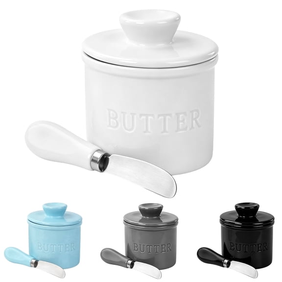 TIE-DailyNec Butter Crock with Lid & Knife, Airtight Ceramic Butter Keeper for Kitchen Counter, Dishwasher Safe, White
