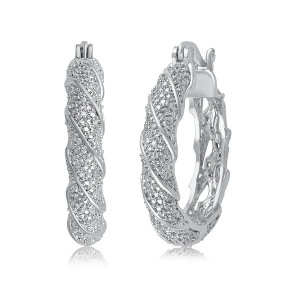 Luxurious 0.02 Cttw Natural Diamond Accent Twisted Hoop Earrings In 14K White Gold Plated
