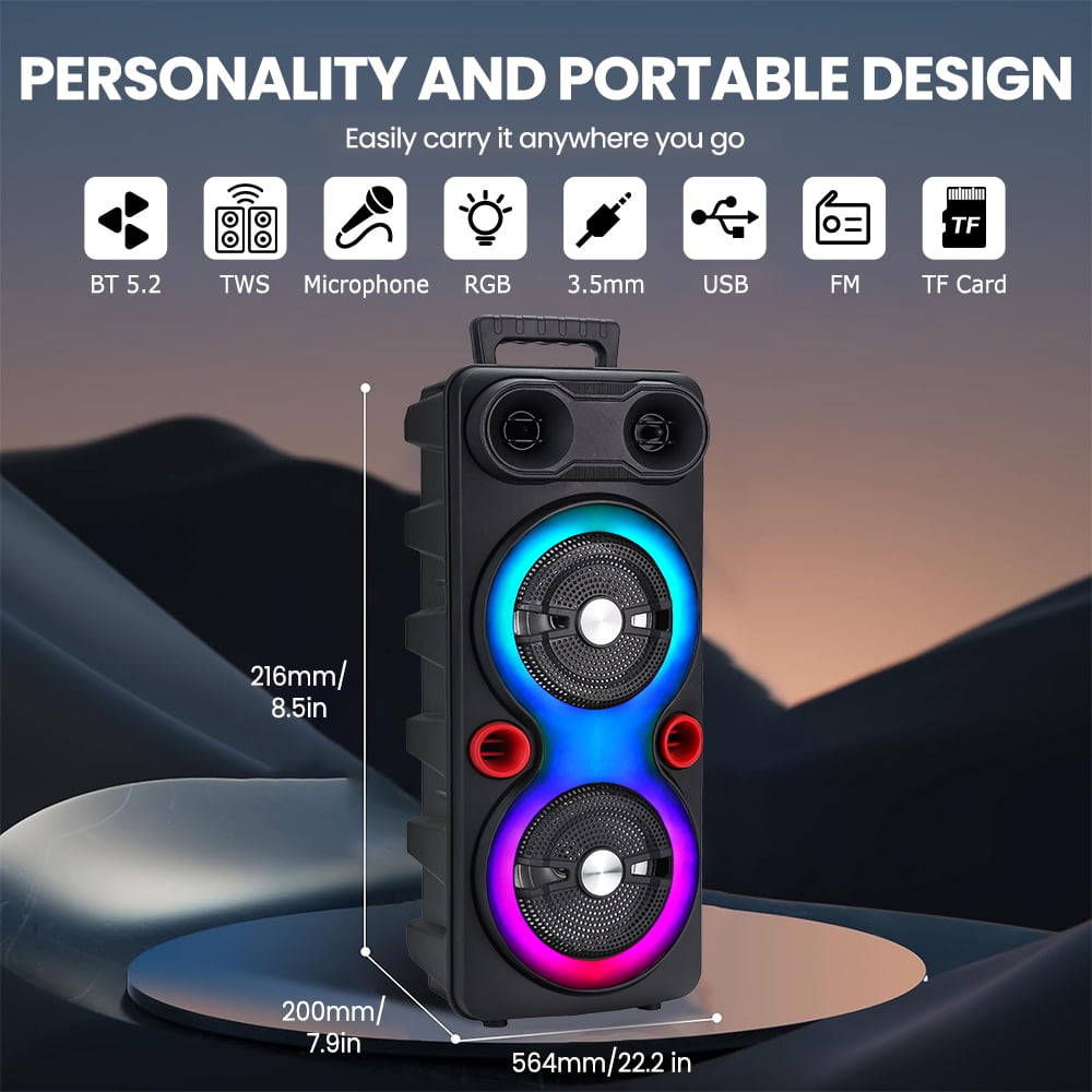PEPWELL Portable Dual 6.5" Bluetooth Speaker, Sub Woofer Heavy Bass DJ RGB Party Speakers, Sound System TWS Karaoke Machine with Mic FM Radio for Party