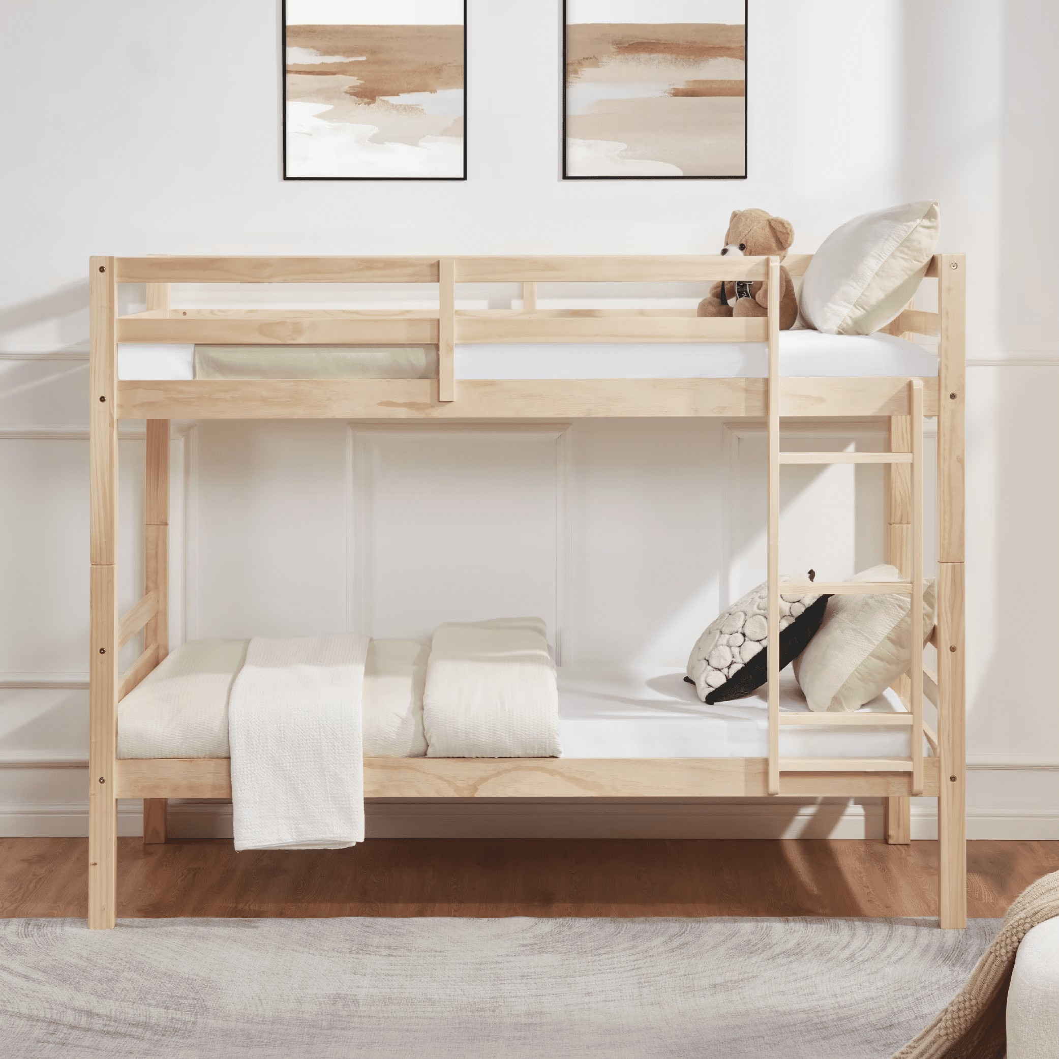 MAYEERTY Twin over Twin Bunk Bed with Thick Posts, Wooden Bed Frame with High Guardrail and Ladder for Kids, No Box Spring Needed, Natural