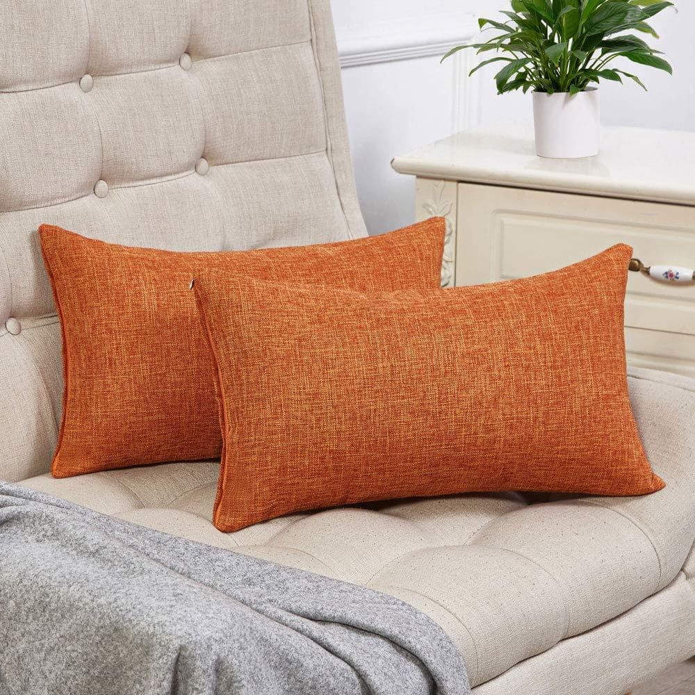Set of 2 Fall Orange Lumbar Pillow Covers Rustic Linen Decorative Throw Pillow Covers 12x20 Inch for Sofa Couch Decoration