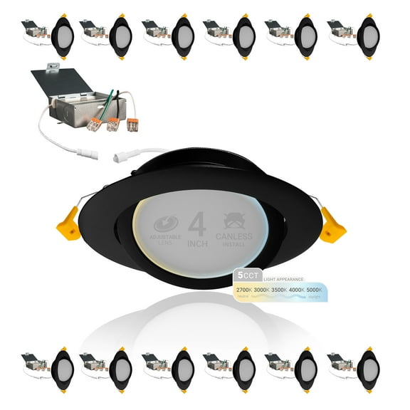 NuWatt 12 Pack, 4 Inch Black Gimbal LED Recessed Lighting, 2700K/3000K/3500K/4000K/5000K Selectable, 630LM, Dimmable, Damp Rated, Canless Adjustable Directional Lights for Sloped Ceilings, JBox