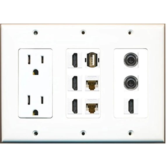 RiteAV - (3 Gang 15A Power Outlet 4 HDMI 2 Cat6 White 2 3.5mm USB A-A Wall Plate White