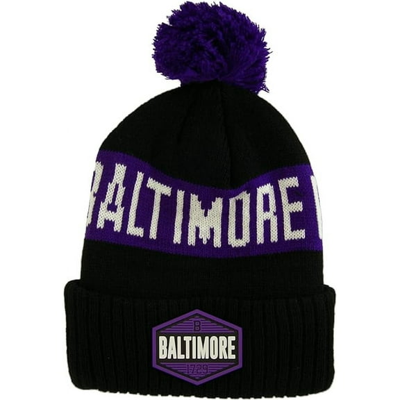 Baltimore City Name Winter Knit 3D Rubber Patch Pom Beanie Hat (Black/Purple)