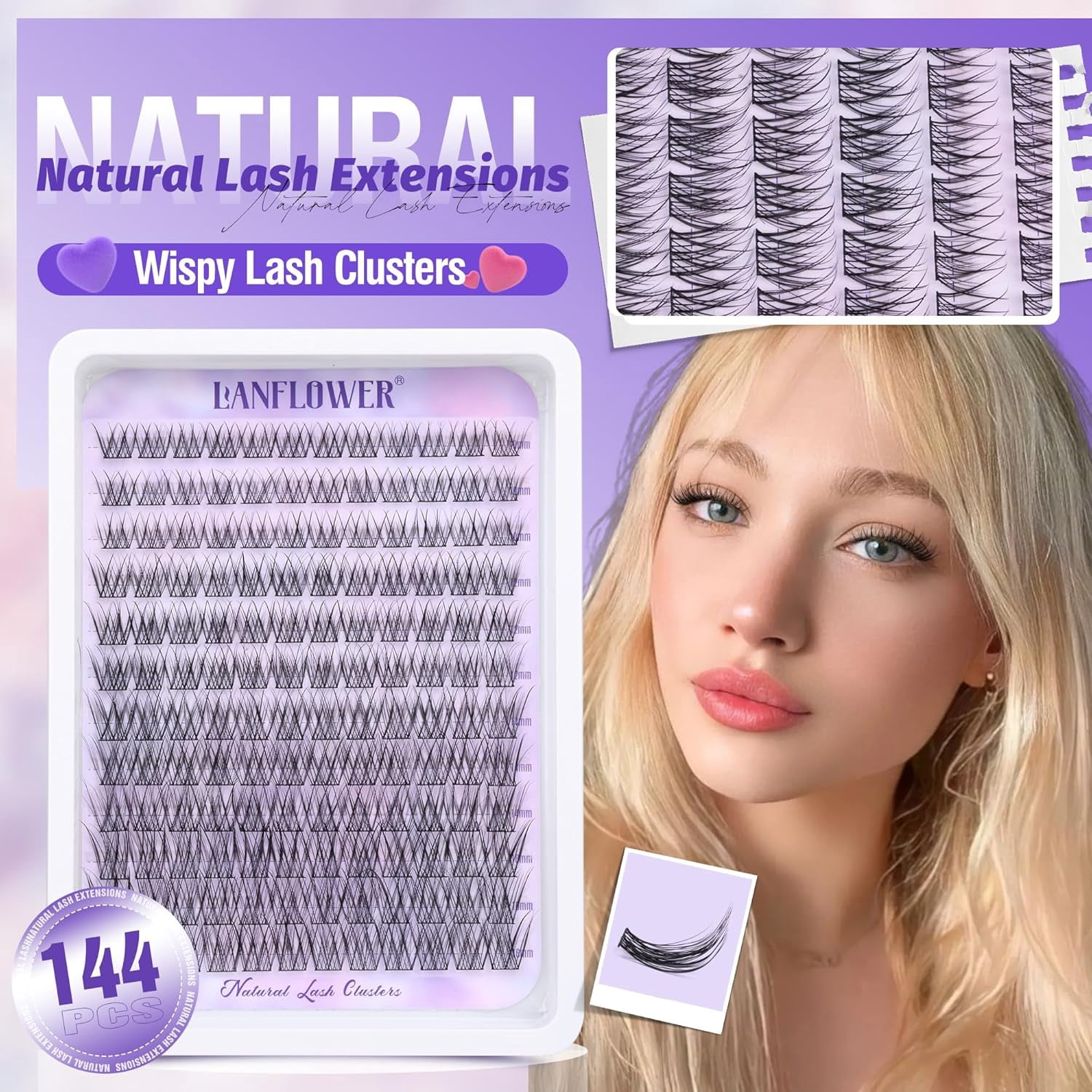 Natural Lash Clusters Kit Wispy Lash Extension Kit Waterproof Lash Clusters C Curved Cluster Eyelash Extensions Kit 144pcs Individual Lashes 10-16mm Eyelash Extension Kit