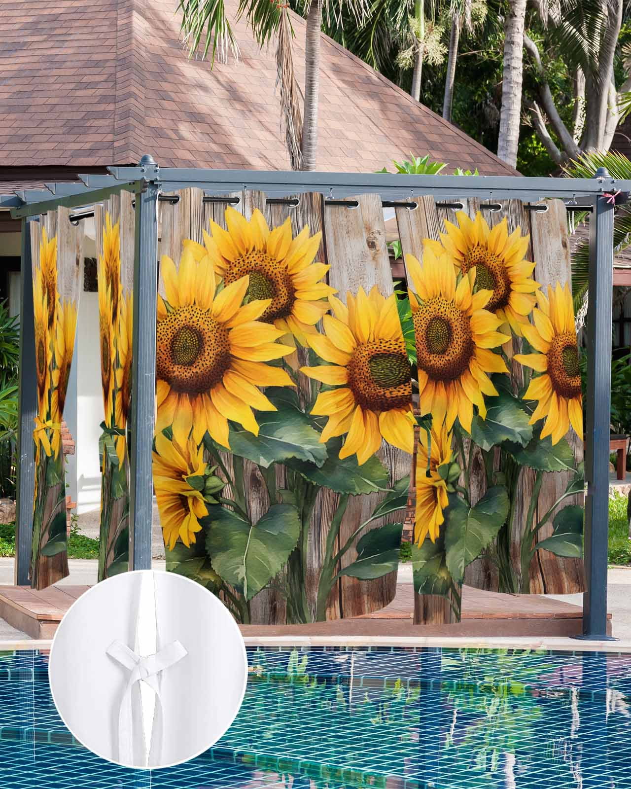 nqOlkjepod Outdoor Curtains for Patio Waterproof, Retro Sunflower Outdoor Privacy Panels Grommet, Spring Summer Vintage Botanical Wood Blackout Outside Curtains for Porch/Cabana 54"x95", 1 Panel