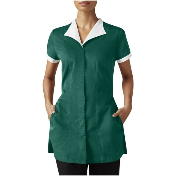 Hvyesh Scrubs Tops for Women Slim Fit Short Sleeve V Neck Tunic Tops Button Downs Nursing Working Uniform T-Shirts Casual Top