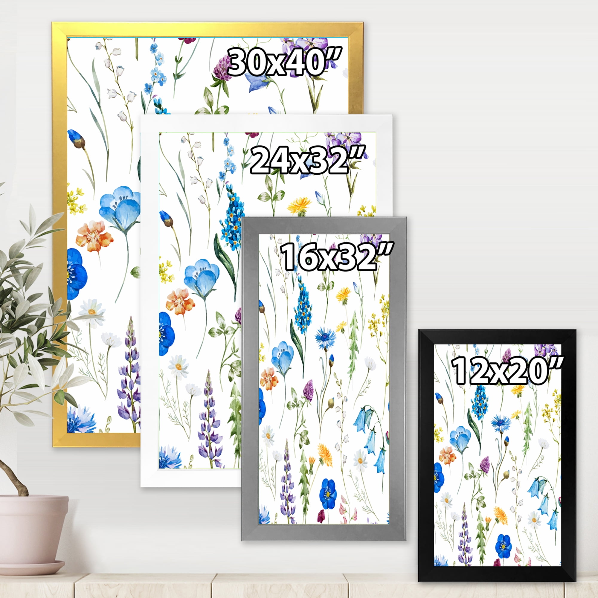 Designart 'Blue Wildflowers With Leaves I' Traditional Framed Art Print