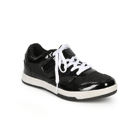 

Qupid Surge-01 Patent Leatherette Glitter Lace Up Flat Sneaker