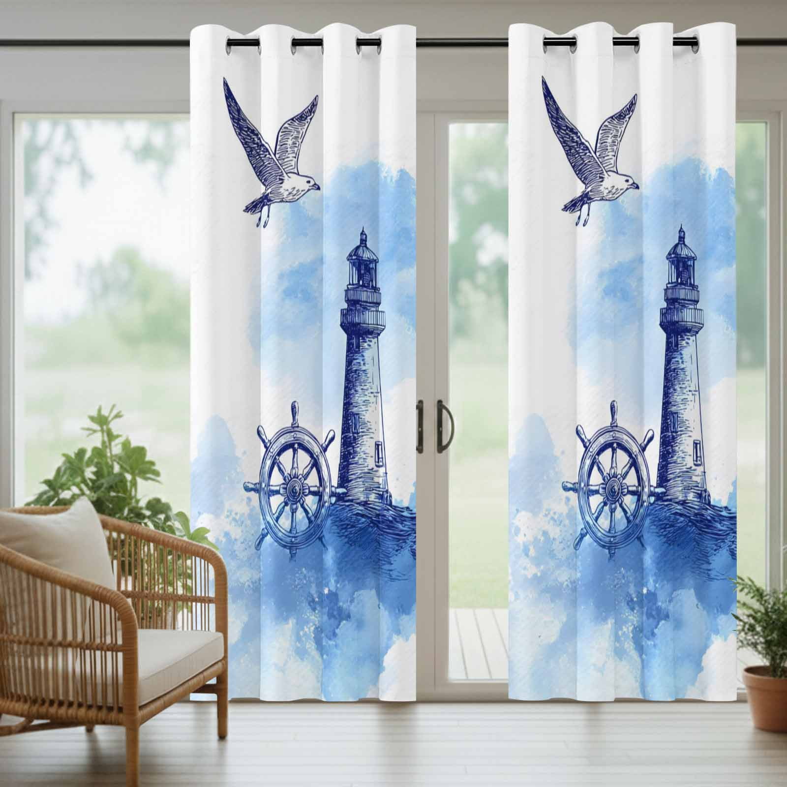 Summer Outdoor Curtains for Patio, Watercolor Seagull Blue Line Ship Rudder Lighthouse Sea Wave Sunshade Privacy Drapes Grommet Waterproof Outside Curtains for Porch/Cabana/Balcony 54"x 108", 1 Panel