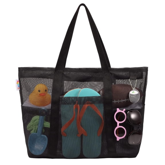 Mesh Beach Bag with Zipper Large Beach Tote Waterproof Sandproof with 8 Pockets for Toys Pool Bag Beach Accessories