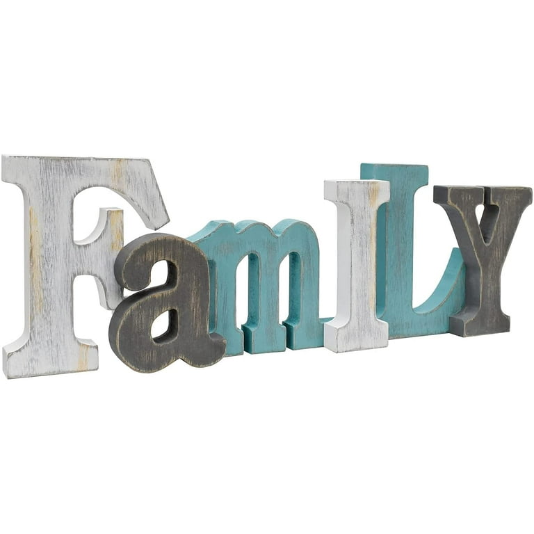  4 Pcs Rustic Wood Love Family Home Welcome Sign Teal Decorative  Wooden Letters Sign Freestanding Wooden Cutout Letters Wood Word Wall Decor  Sign for Home Table Shelf Kitchen Decor (16