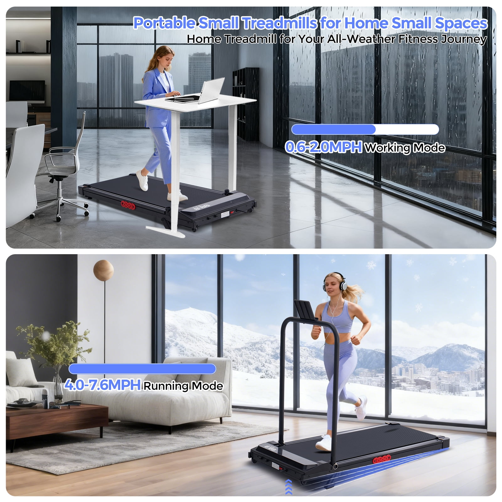 HevGlrm Walking Pad Treadmills with Incline and Handles, Portable Under Desk Treadmills for Home Office, Compact Electric Treadmill with Handle Bar,3.0HP, 350lbs