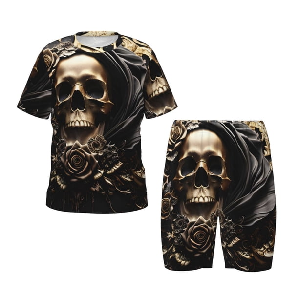 Balery Gold Rose Skull Conjunto de Pijama Infantil de Manga Corta con Estampado – Ropa de Dormir de Algodón Suave-3X-Large