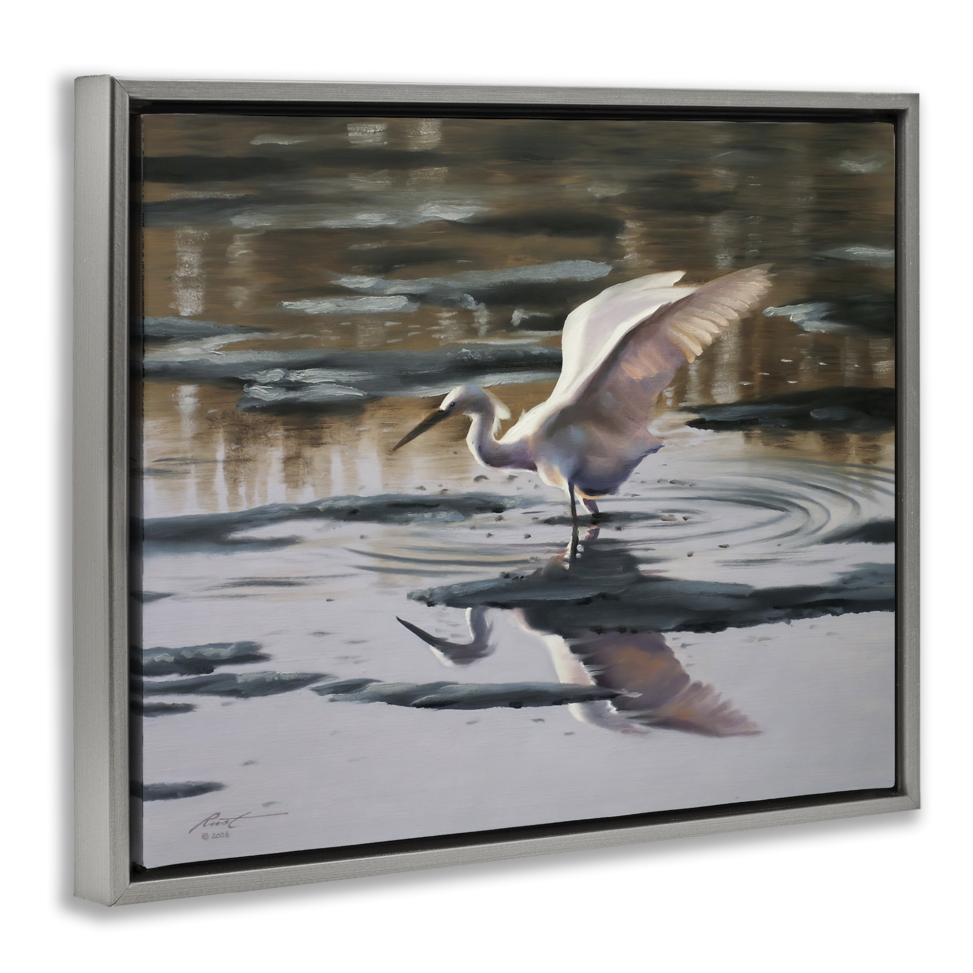 Stupell Industries Swan Landing in Water Animals & Insects Painting Gray Floater Framed Canvas Art Print Wall Art, 31 x 25
