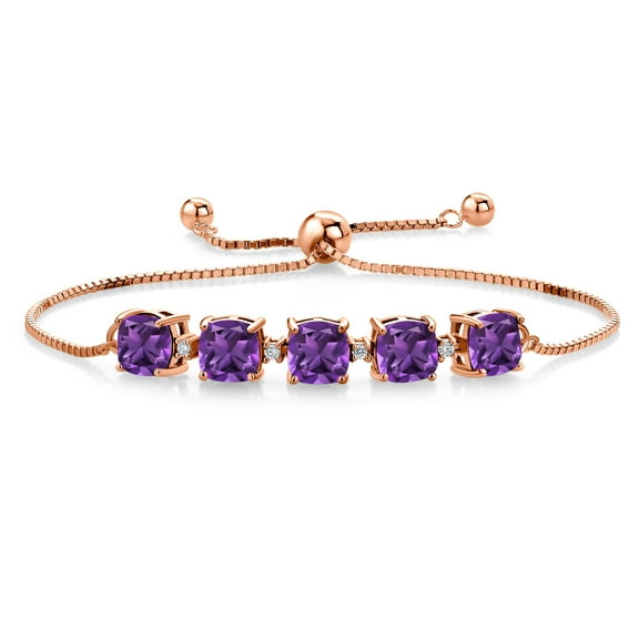 Gem Stone King 18K Rose Gold Plated Silver Purple Amethyst and White Lab Grown Diamond Tennis Bracelet for Women (4.91 Cttw, Cushion 6MM, Gemstone Birthstone, Fully Adjustable up to 9 inch)