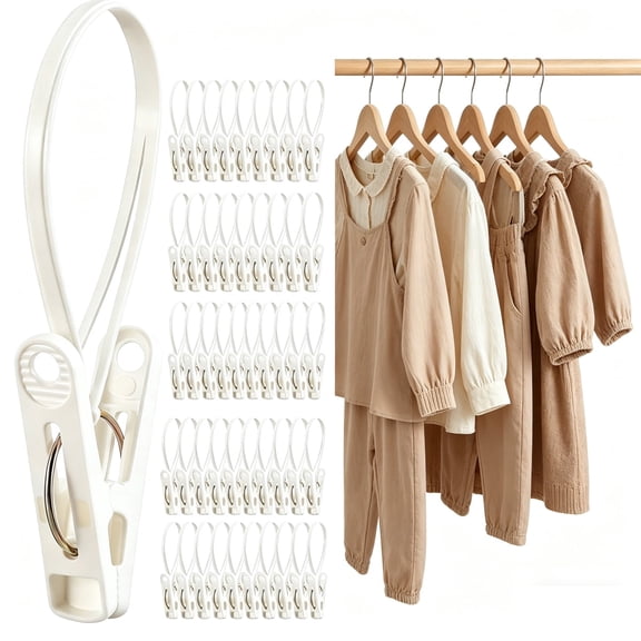 Tutuviw 30 Pcs Plastic Laundry Hooks Hanging Clips with Plastic Rope Clothes & Pants Clips Bulk Multi-Purpose Non-Slip Hanger Clips with Strong Grip for Baby Laundry Closet, Travel Drying Rack
