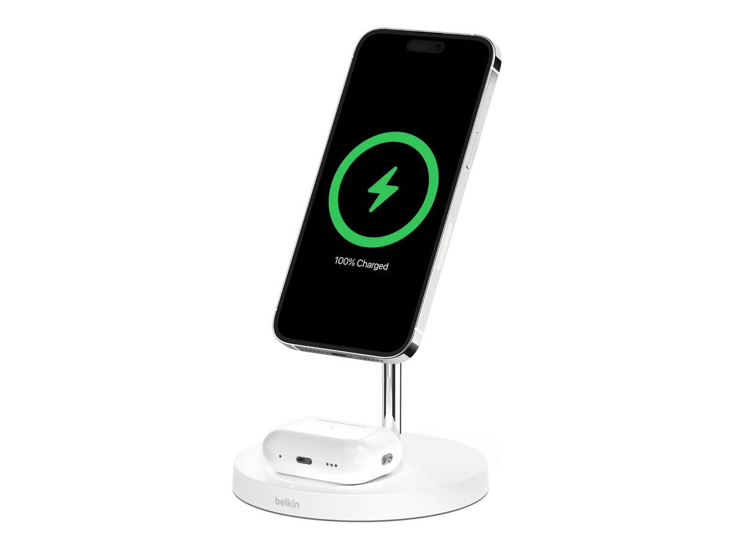 Open Box Belkin BoostCharge Pro MagSafe 2-in-1 - Wireless charging stand + AC power adapter - 15 Watt - Fast Charge - white - for Apple AirPods; AirPods Pro; iPhone 12, 12 mini, 12 Pro, 12 Pro Max
