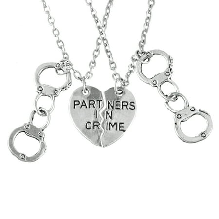 2 Piece Set Partner In Crime Best Friends Half Broken Heart Handcuf Silverplated Necklaces Anti-Tarnish Pendant,
