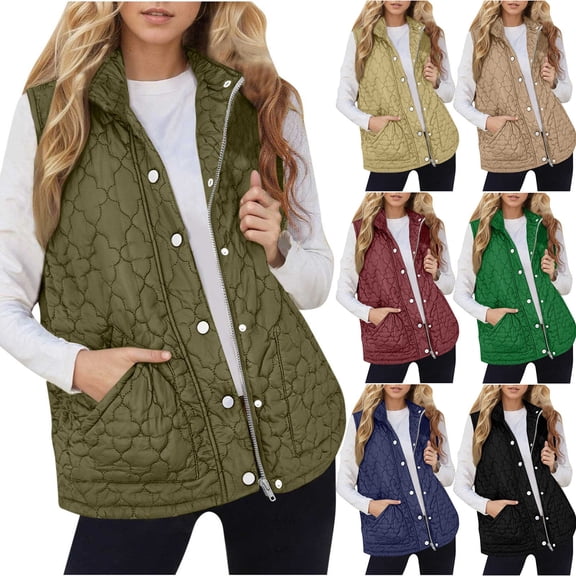 Dazajoo Quilted Puffer Vest Women Lightweight Stand Collar Sleeveless Winter Jacket Zip Up Button Coat with Pockets,Khaki,XXL