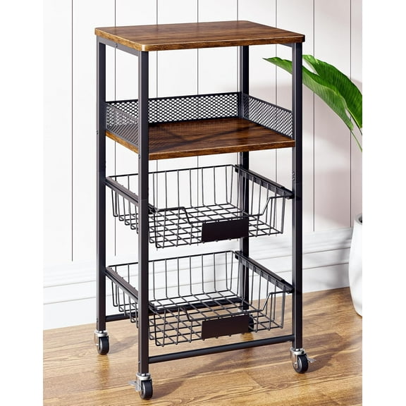 4-Tier Small Kitchen Storage Cart on Wheels, Rolling Pantry and Snack Organizer Cart with Pull-Out Baskets & Wood Top, Utility Kitchen Fruit Basket Stand for Fruit Potato Onion Vegetable Snack