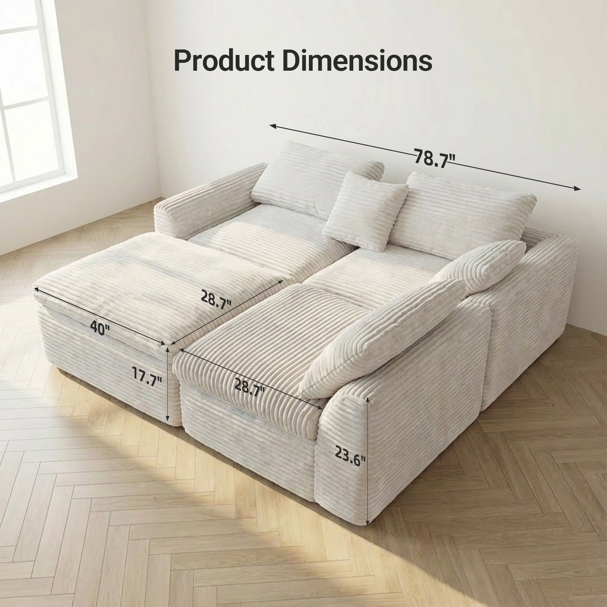 CARZZI 108'' Modular Sectional L-Shaped with Chair,Deep Seat Boneless Corner Couch for Living Room,Plush Corduroy Couch with Detachable Sofa Set,No Assembly(Left Facing Chaise，White)