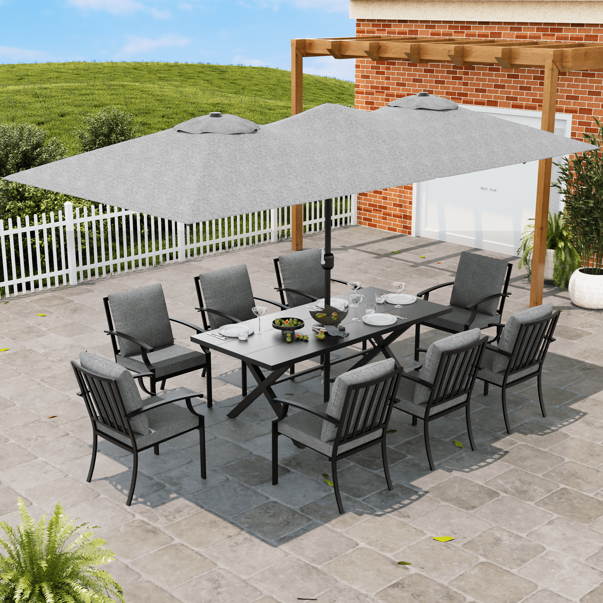 ALAULM 8 Piece Patio Dining Set w/14FT Umbrella, Metal Outdoor Furniture Set w/Rectangular table, 8 Fixed Chairs and Removable Cushions for Patio, Backyard, Garden, Poolside（Grey）