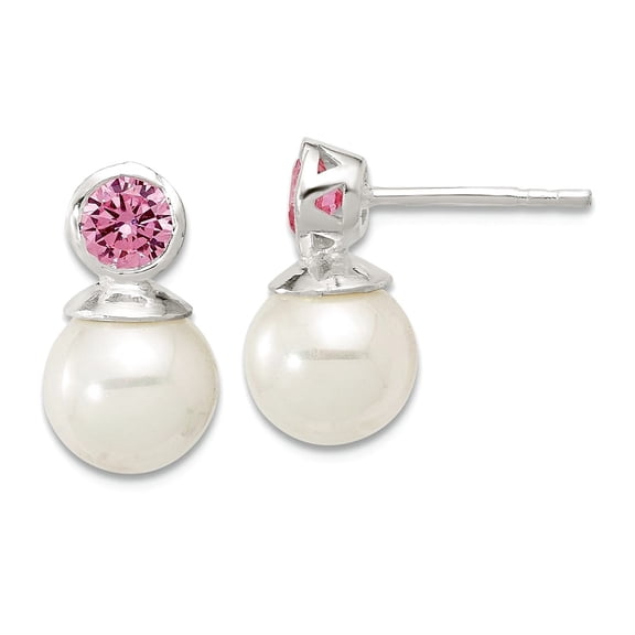 925 Sterling Silver Polished Pink 5mm Cubic Zirconia and 8mm Glass Pearl Post Earrings 14.85x8.2mm Wide Stud Earring for