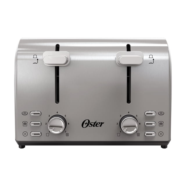 Oster stainless steel 4-slice toaster featuring dual control knobs, extra wide slots, and multiple function buttons for toasting options.