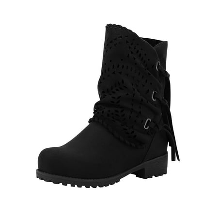 

Fesfesfes Cowgirl Boots for Young Ladies Winter Suede Cut Out With Chunky Heels And Low Drum In Solid Color 6(37)
