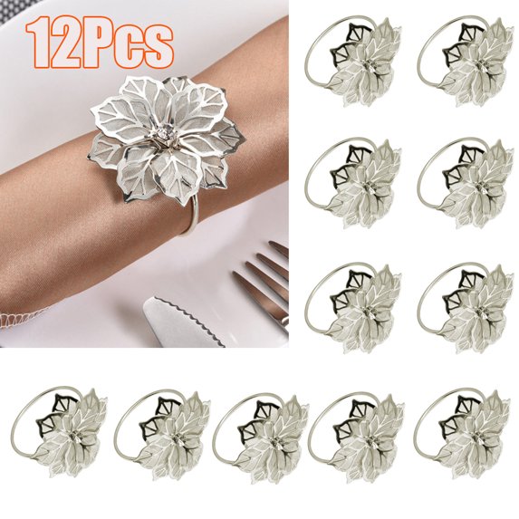 Zhaomeidaxi 12Pcs Napkin Rings Alloy Hollow Out Flower Ring Napkin Holder Adornment Exquisite Household Floral Rhinestone Napkins Rings Set for Wedding, Party Dinner Table Decor