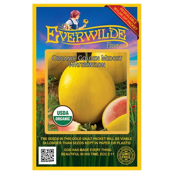 Everwilde Farms - 10 Organic Golden Midget Watermelon Seeds - Gold Vault Jumbo Bulk Seed Packet