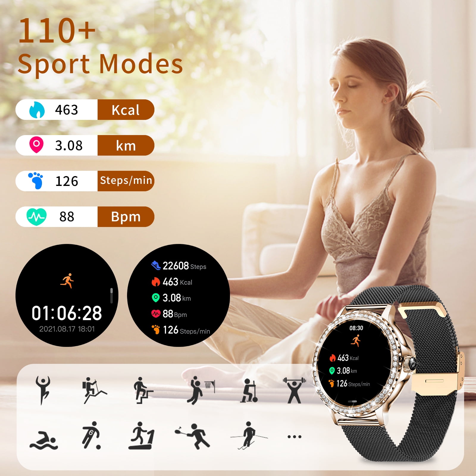 Vosoirsi NX19 Stainless Steel Gold Case with Black gold Band, 1.3 in Smartwatch
