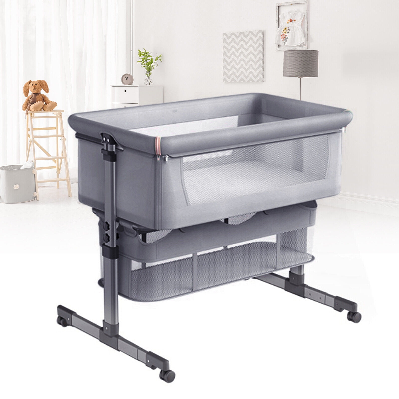 OUKANING Portable Mobile Crib Infant Sleeper With Mosquito Net + Storage Basket