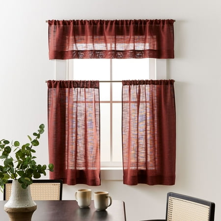 Better Homes & Gardens Linen Blend Light Filtering Rod Pocket Kitchen Curtain Tiers and Valance, Set of 3, Deep Redwood, 60 W x 36 L