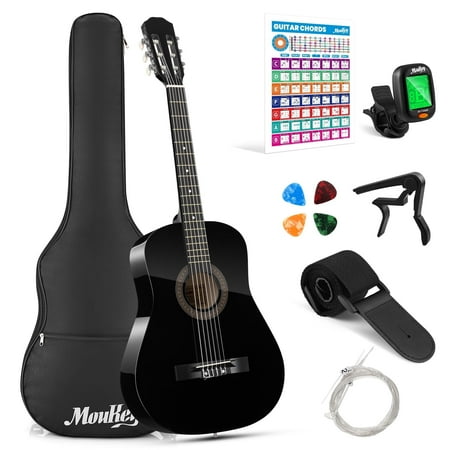 Moukey Beginner Guitar Kit, Acoustic 38 inch Complete Starter Bundle for Kids and Adults w/ Gig Bag, Strap, Extra Strings, Black