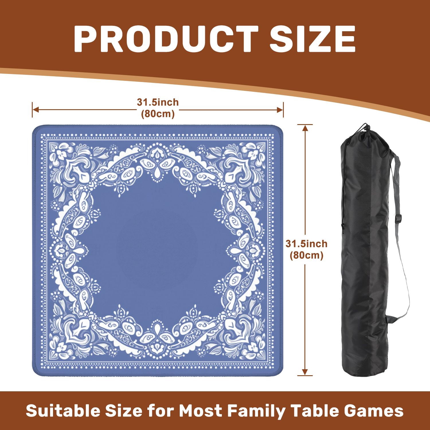 Mahjong Mat 31.5" x 31.5" Blue White Ornamental Bandana Paisley Floral Motifs Non-Slip Noise Reduction American Mahjong Tiles Table Cover for Dominoes Poker Card Board Games Gift