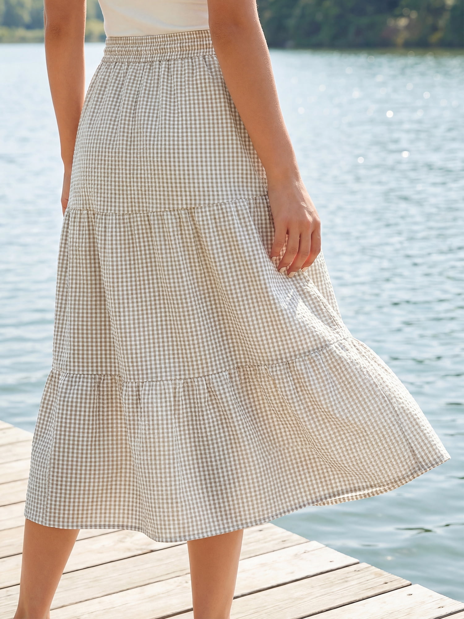 DARING DIVA Women's Gingham Drawstring Waist Tiered A-Line Midi Skirt S Brown