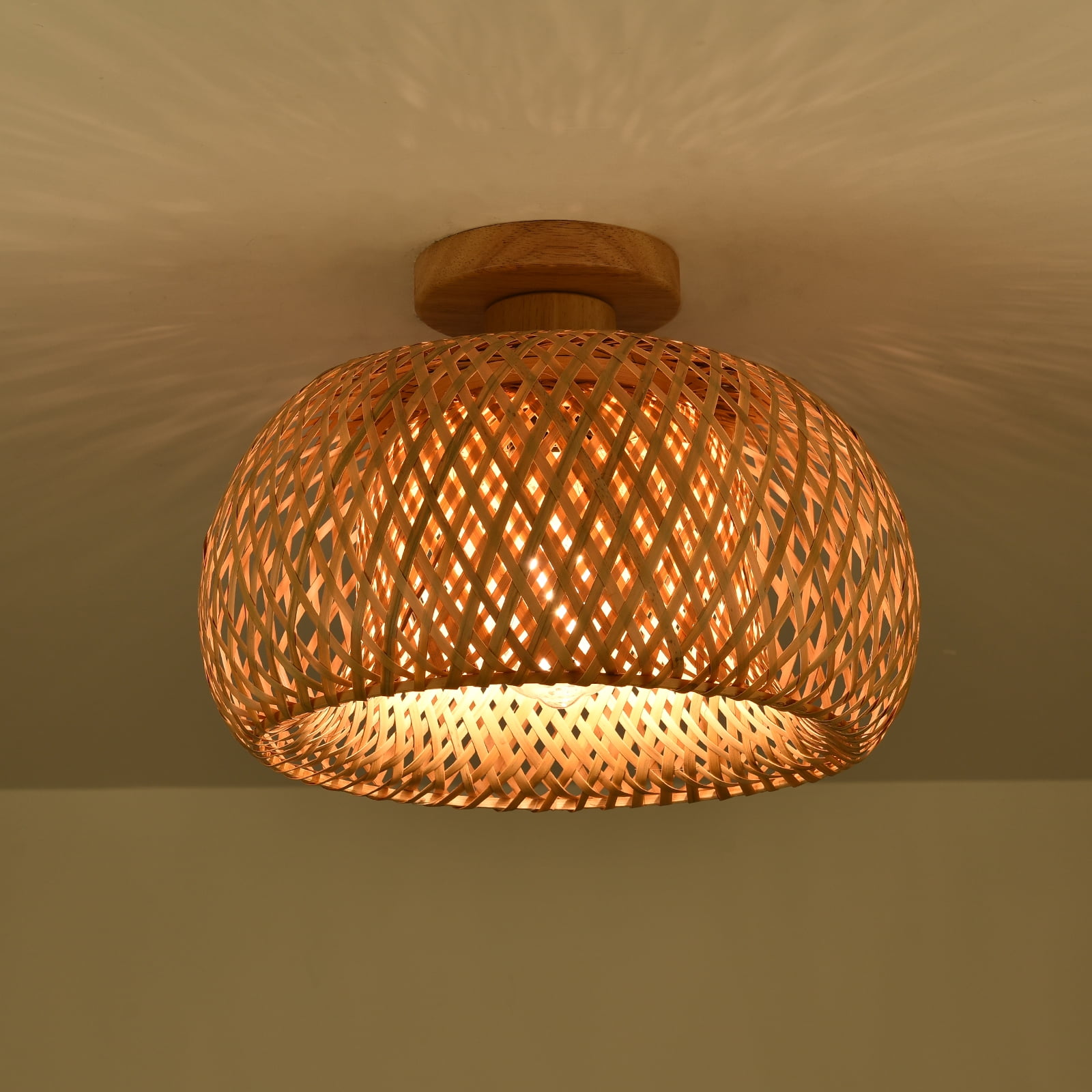 Wuzstar Bamboo Wicker Light Semi Flush Mount Ceiling Light Rattan Lampshade Ceiling Light Fixture for Hallway Dining Room