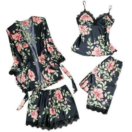 

Knosfe Women Pjs 3 Pack Robe Cami and Pants Set Lace Sexy Pajamas Set Nightgown Sleepwear Floral