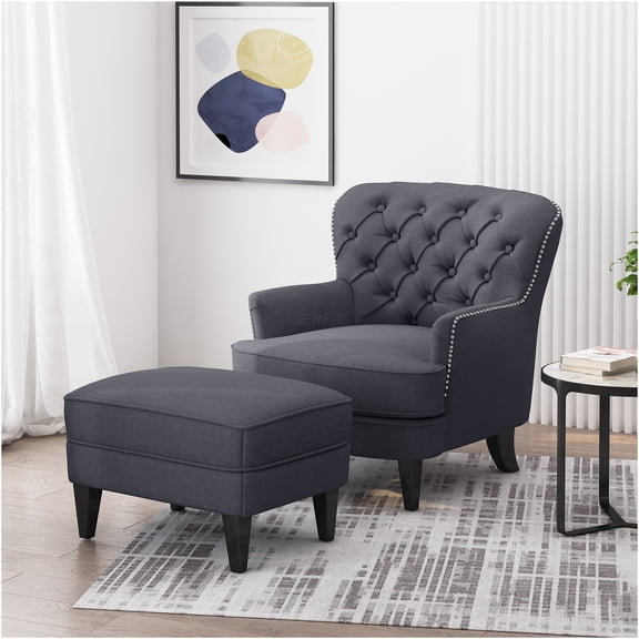 JERFIT Modern Fabric Club Chair and Ottoman Set, Accent Chair with Ottoman for Living Room, Bedroom, Grey Polyester Lounge Chair