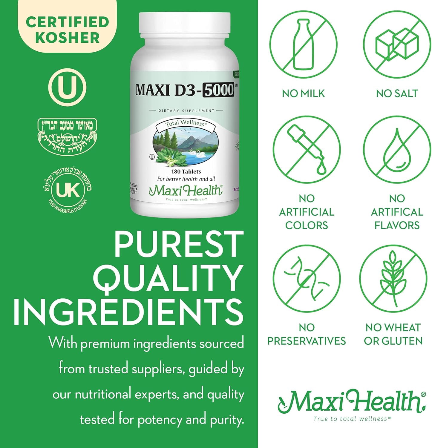 Maxi Health Vitamin D3 5000 IU (125 Mcg) – Bone & Immune Support – High Potency – 180 Tablets – Kosher